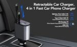 120W Fast Car Charger (2025 New Version) with 80CM Retractable Type-C Charging for 4 Devices – Universal Car Mobile Charger for All Smartphones & Tablets (Car Charger)