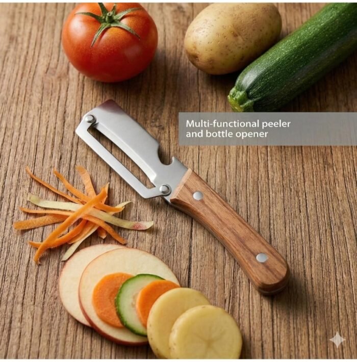 Vegetable Peeler with Wooden Handle, Premium Stainless Steel Peeler with Built-in Bottle Opener, Multifunctional Kitchen Tool for Potato, Apple, Carrot, Pumpkin, 2-in-1 - Image 2