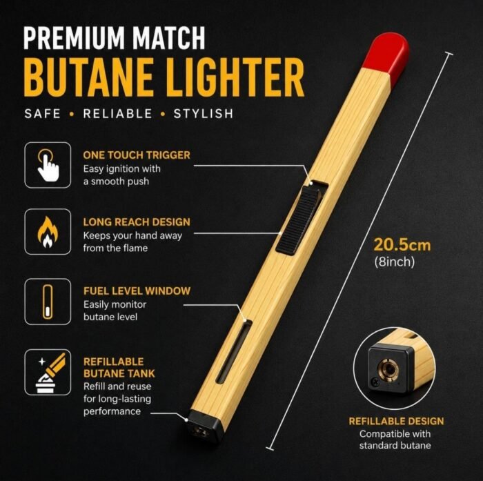 Matchstick Shaped Butane Lighter 20.5 cm, Refillable Long Handle Gas Lighter with One Touch Trigger, Visible Fuel Window & Hanging Ring for Kitchen Stove, BBQ, Candle and Camping Use - Image 3