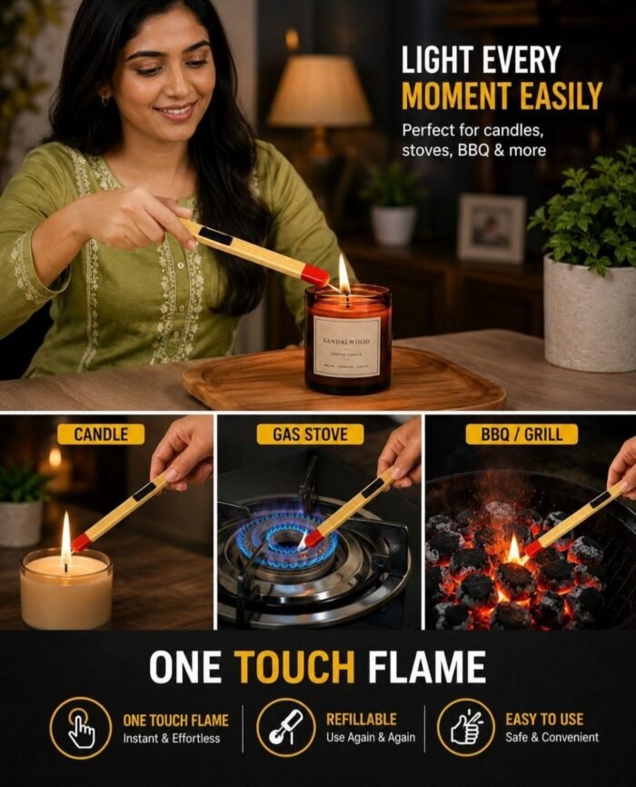 Matchstick Shaped Butane Lighter 20.5 cm, Refillable Long Handle Gas Lighter with One Touch Trigger, Visible Fuel Window & Hanging Ring for Kitchen Stove, BBQ, Candle and Camping Use - Image 5