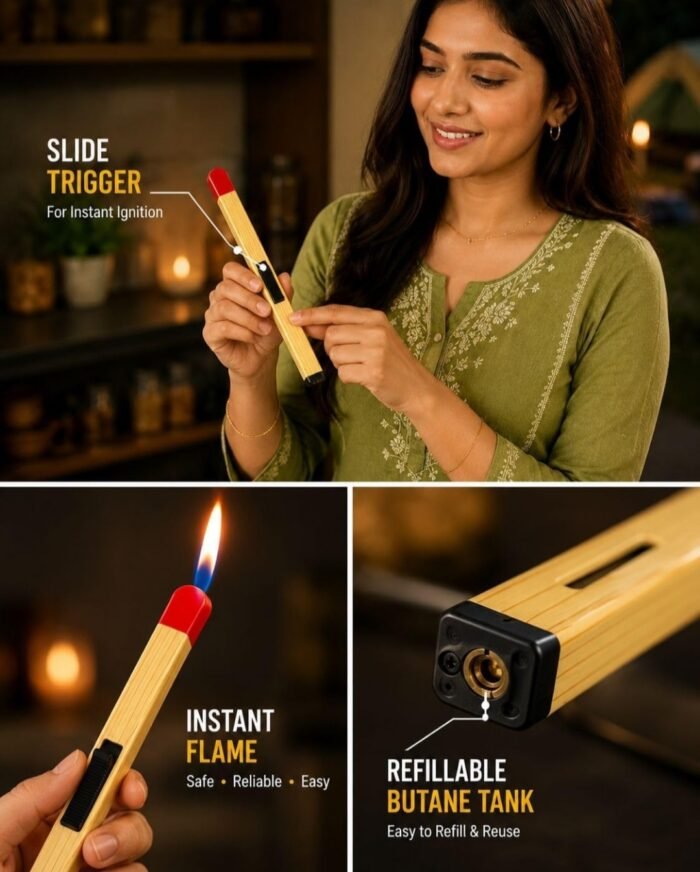 Matchstick Shaped Butane Lighter 20.5 cm, Refillable Long Handle Gas Lighter with One Touch Trigger, Visible Fuel Window & Hanging Ring for Kitchen Stove, BBQ, Candle and Camping Use - Image 7