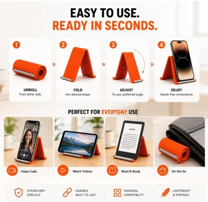 Silicone Phone Stand with Aluminum Core, Foldable Rollable Mobile Holder, Multi-Angle Adjustable Desk Stand for Phone, Tablet, E-Reader, Travel, Anti-Slip Orange - Image 5