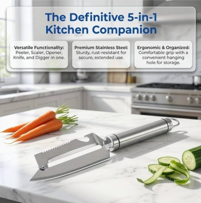 5-in-1 Multifunctional Vegetable Peeler – Stainless Steel Kitchen Peeler with Julienne Cutter, Serrated Blade, Fruit & Potato Peeler, Ergonomic Handle for Vegetables and Fruits - Image 7